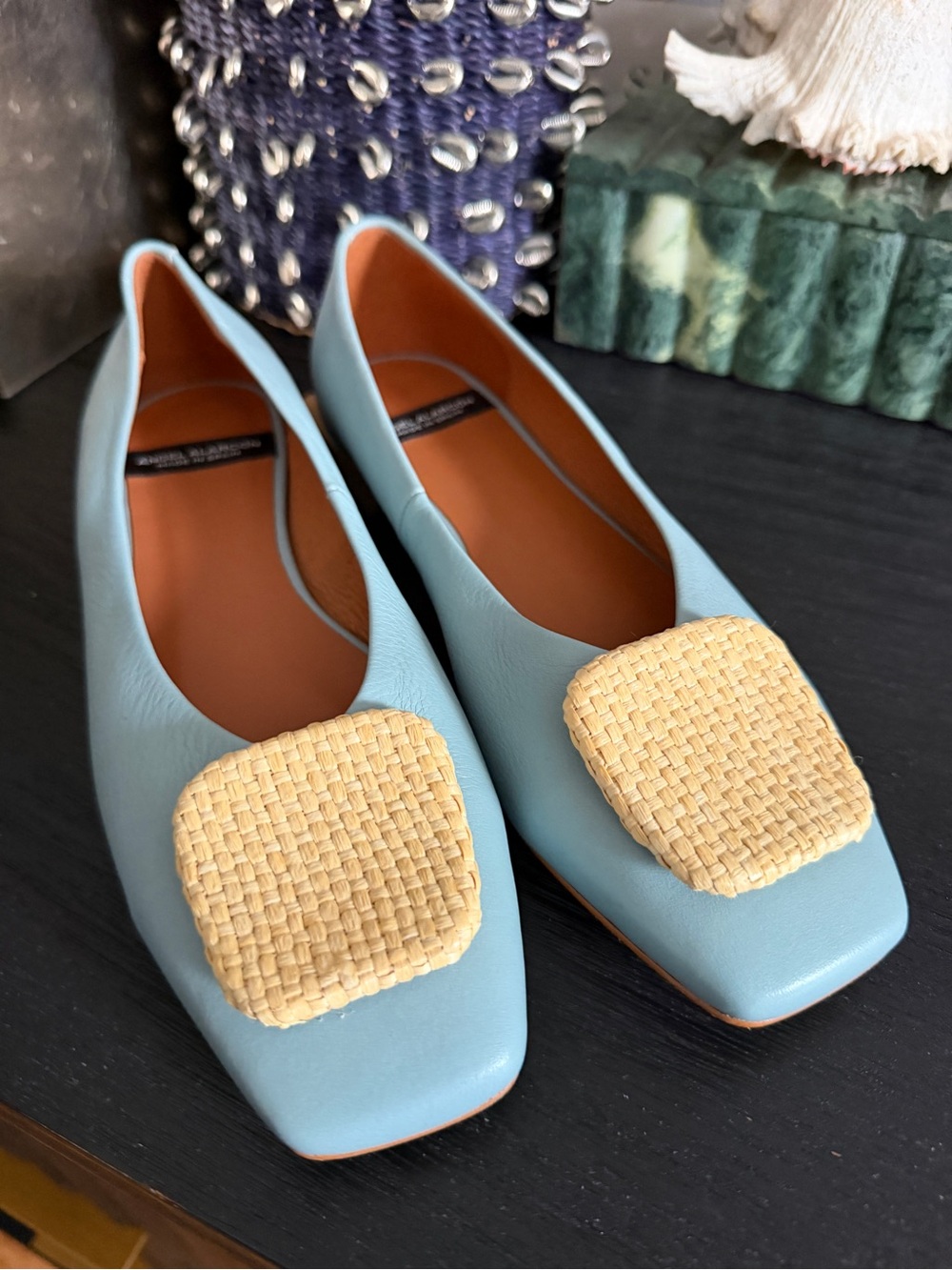 Anthropologie Angel Alarcon Light Blue Leather Flats With Wood Heel Size 39 8.5